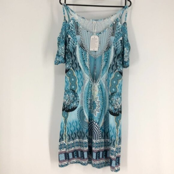NWT teal blue cold  shoulder peacock print dress small - Picture 16 of 16